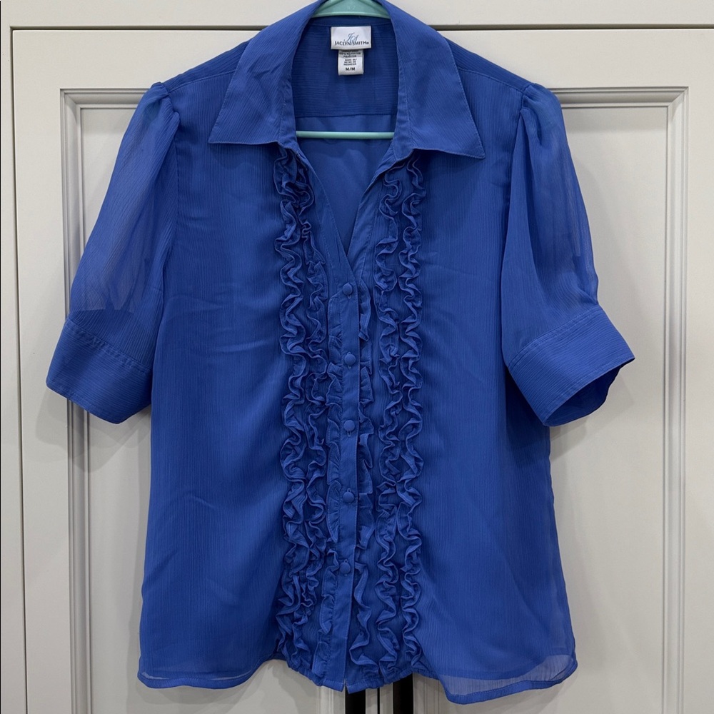 Jaclyn Smith vintage blue ruffle placket blouse Size Medium button up closure